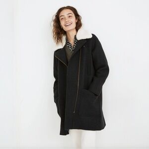 Madewell Black Trench Coat with Cream Faux Shearling Collar